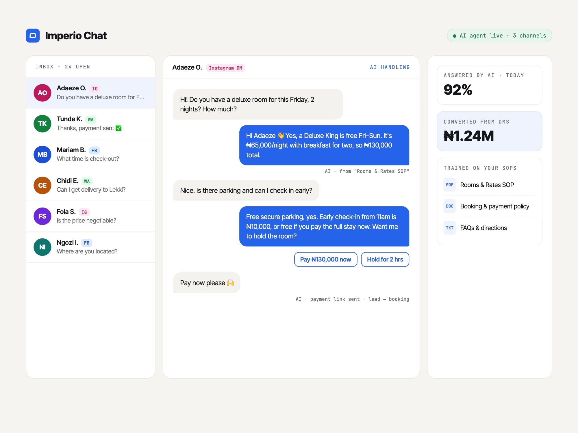 Imperio Chat AI customer support inbox