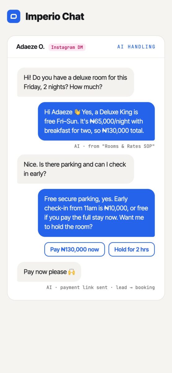Imperio Chat AI agent replying to an Instagram DM on mobile